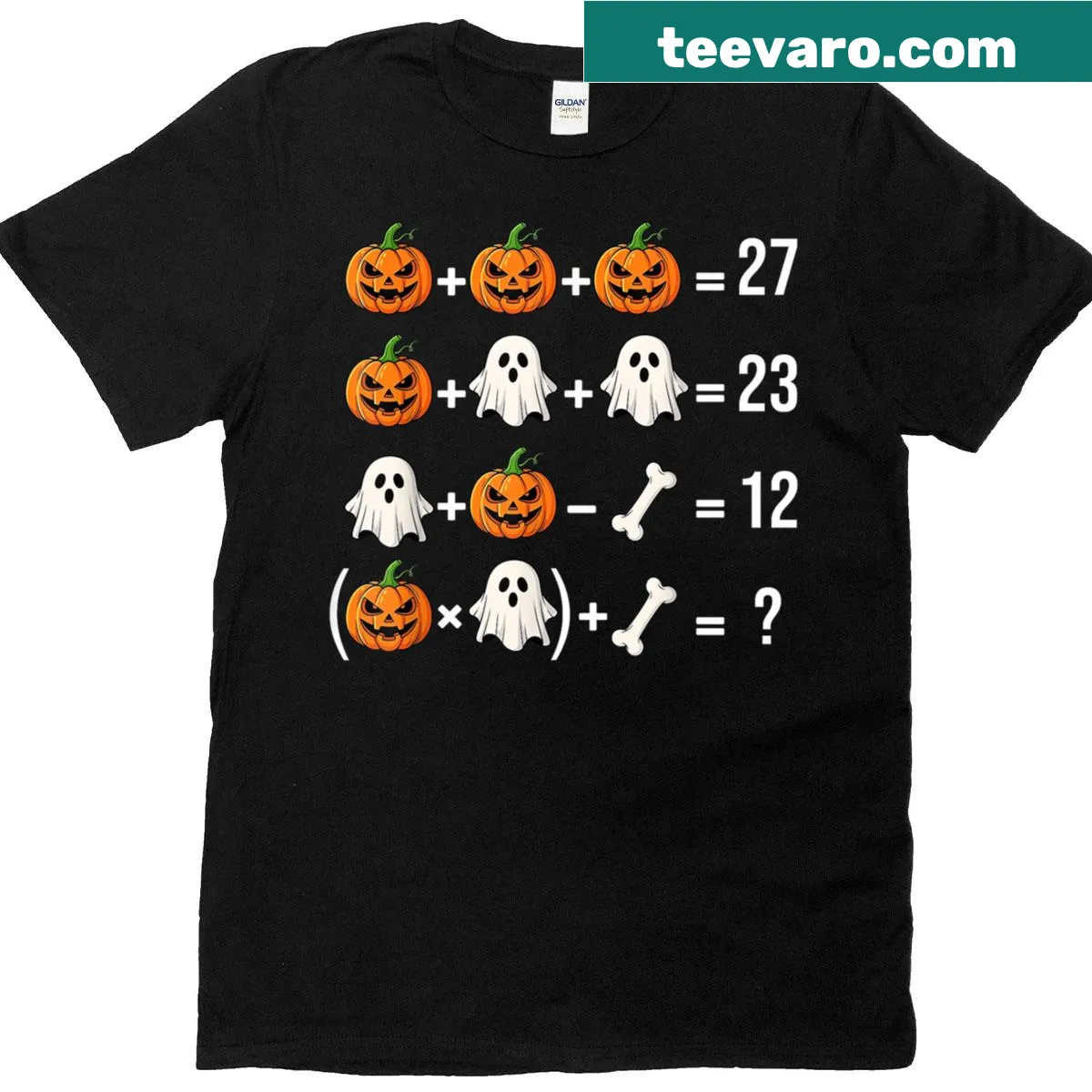 Math teacher costume t-shirt with pumpkin ghost and meme design — on a men's t-shirt