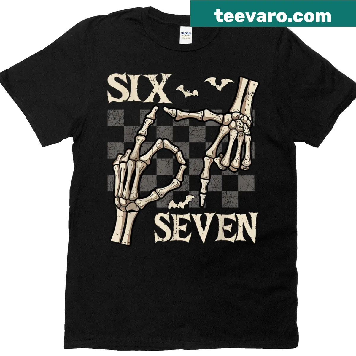 Humorous skeleton hand graphic with '67' for Halloween — on a men's t-shirt