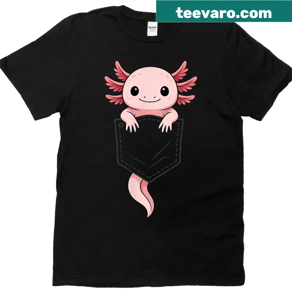 Cute T-shirt with a cartoon axolotl peeking from a pocket