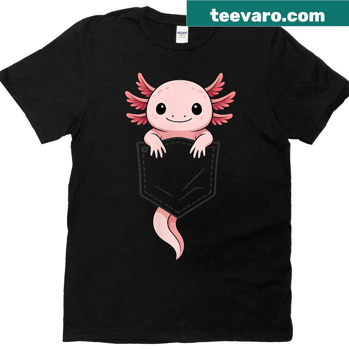 Cute T-shirt with a cartoon axolotl peeking from a pocket — on a men's t-shirt