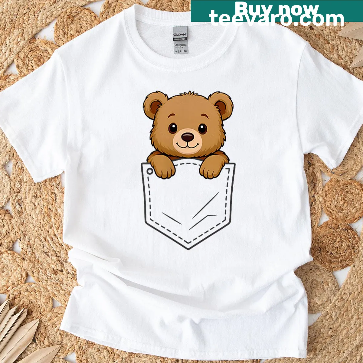 Cute bear peeking out of a pocket illustration on a T-shirt — on a men's t-shirt