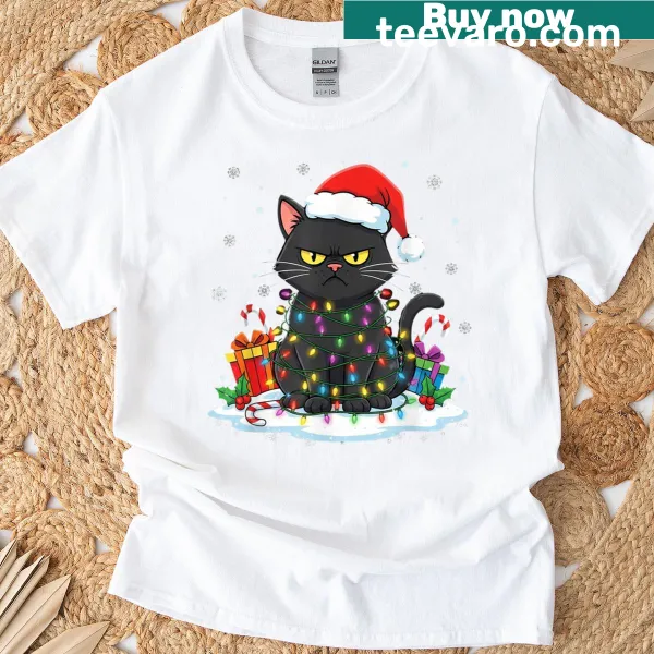Cartoon black cat in Christmas theme on a T-shirt