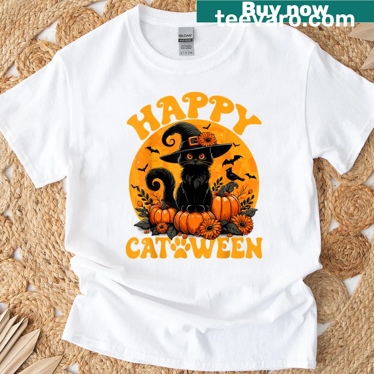 Halloween T-shirt with cartoon black cat and pumpkin design — on a men's t-shirt