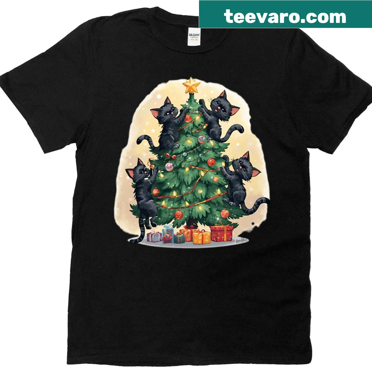 Cute Christmas tree design with black cats for cat lovers — on a men's t-shirt