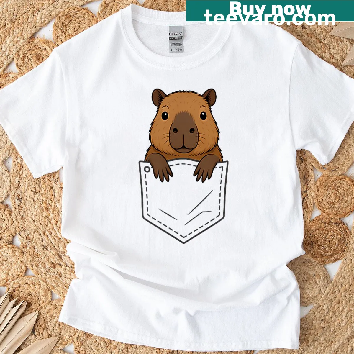 Capybara peeking out of a pocket on an animal lover t-shirt — on a men's t-shirt