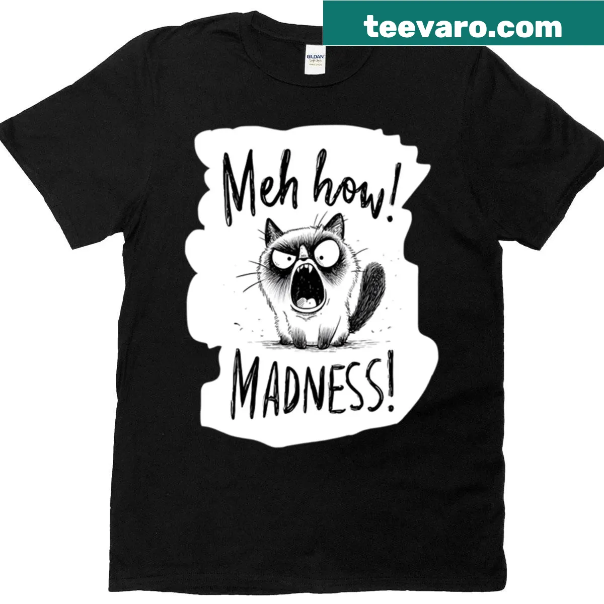 Minimal vector cat design t-shirt with 'Meow-t Of Control' text — on a men's t-shirt