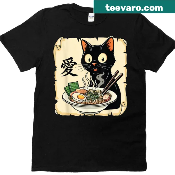 Kawaii anime t-shirt with a cat eating ramen