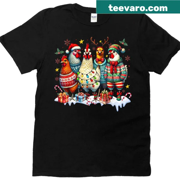 Cute Christmas t-shirt with chickens decorated in lights