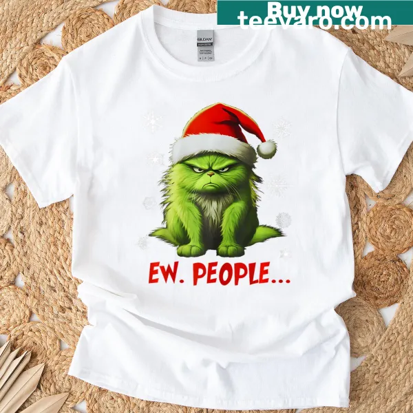 Funny Christmas T-shirt with a cat graphic and 'Ew People' slogan
