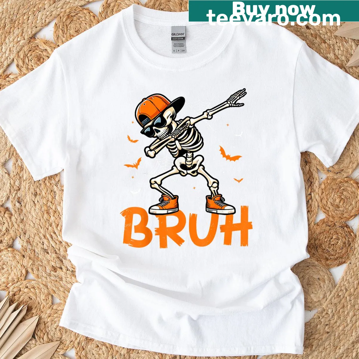 Dabbing skeleton graphic t-shirt designed for Halloween fun for kids — on a men's t-shirt