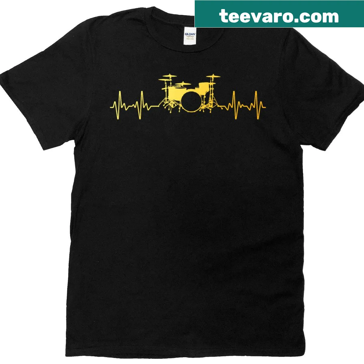 Cartoon drummer t-shirt featuring playful drum graphics — on a men's t-shirt