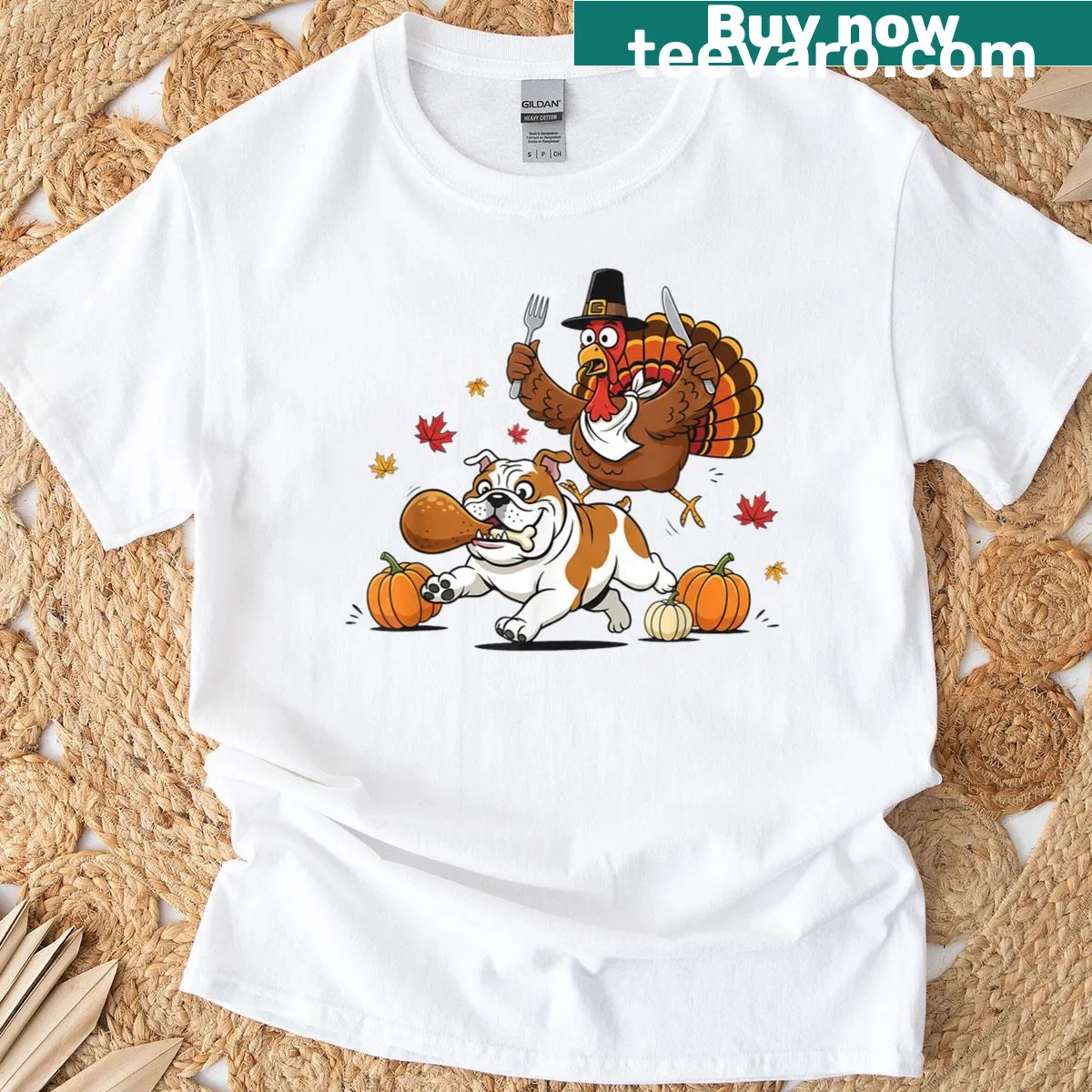 Funny English Bulldog with turkey for Thanksgiving t-shirt — on a men's t-shirt