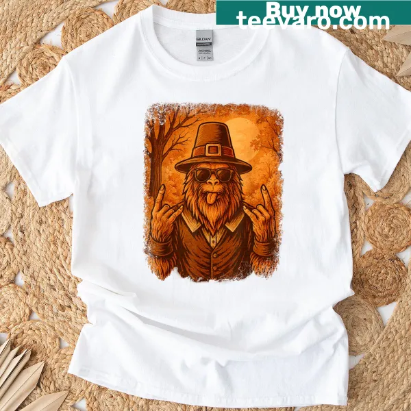 Vintage-style Sasquatch in pilgrim attire on a Thanksgiving T-shirt