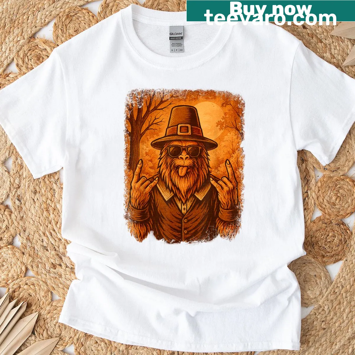 Vintage-style Sasquatch in pilgrim attire on a Thanksgiving T-shirt — on a men's t-shirt