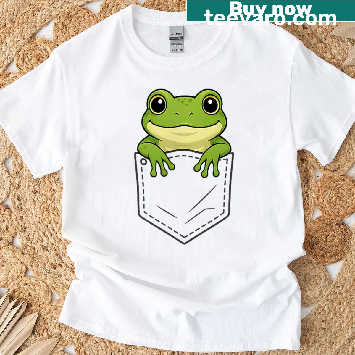 Cartoon frog peeking out of a pocket on T-shirt — on a men's t-shirt