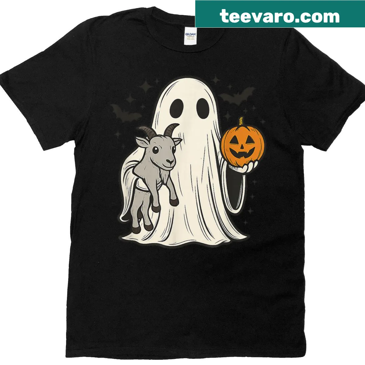 Funny Halloween T-shirt featuring a ghost holding a goat and a pumpkin — on a men's t-shirt