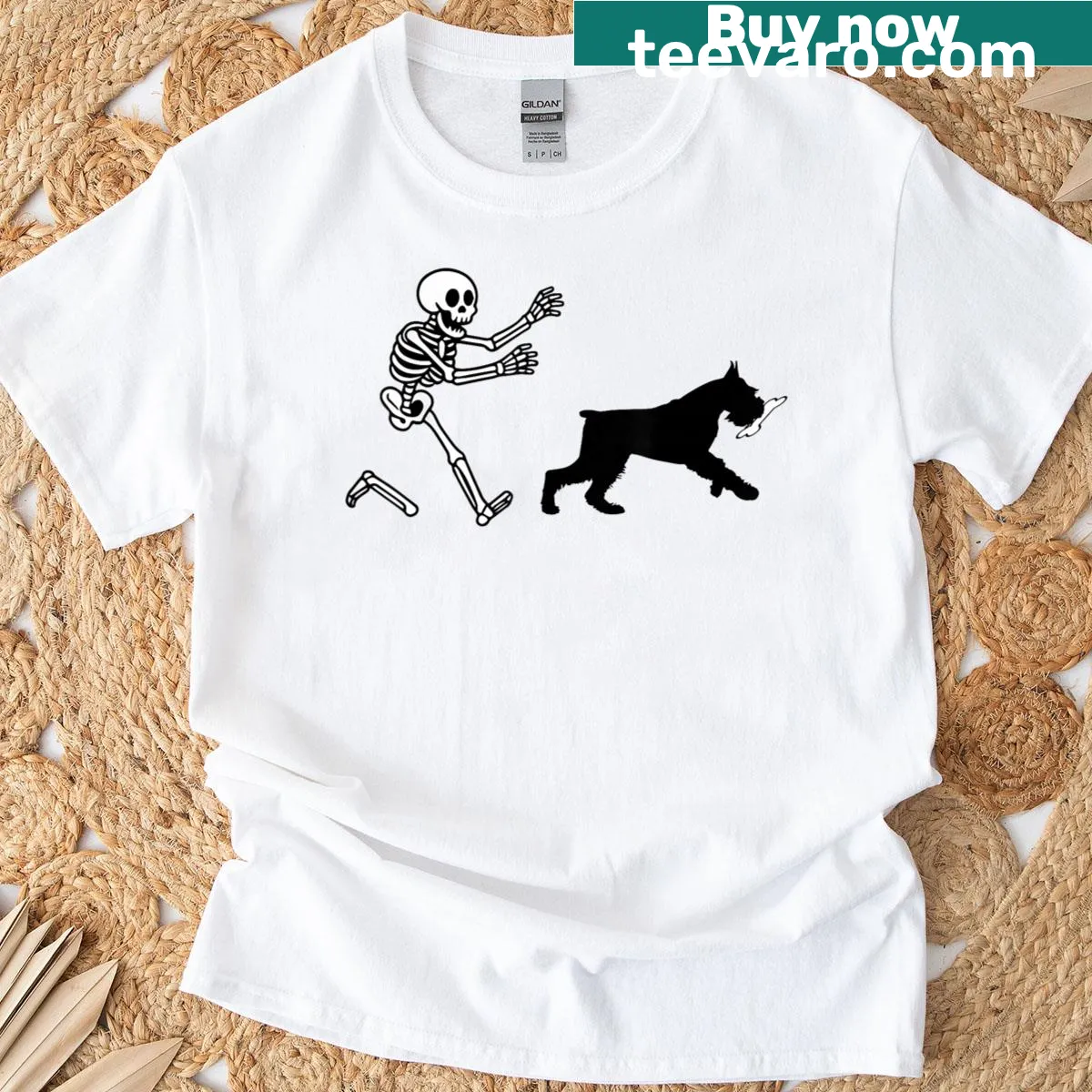 Cartoon skeleton of a giant schnauzer running for Halloween — on a men's t-shirt