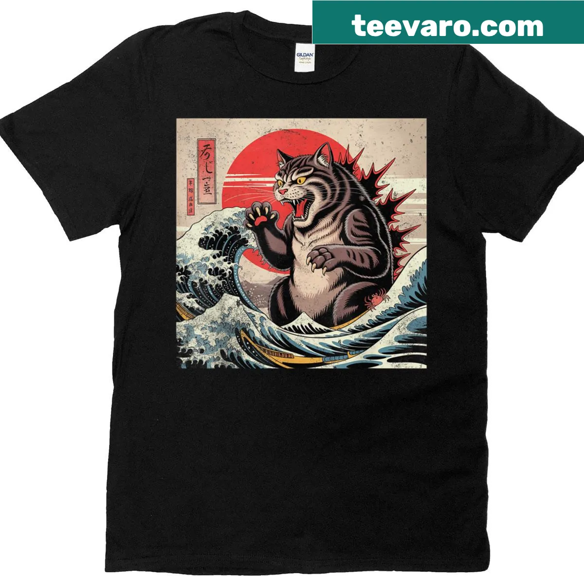 T-shirt featuring a humorous Catzilla cat design inspired by Japanese art — on a men's t-shirt