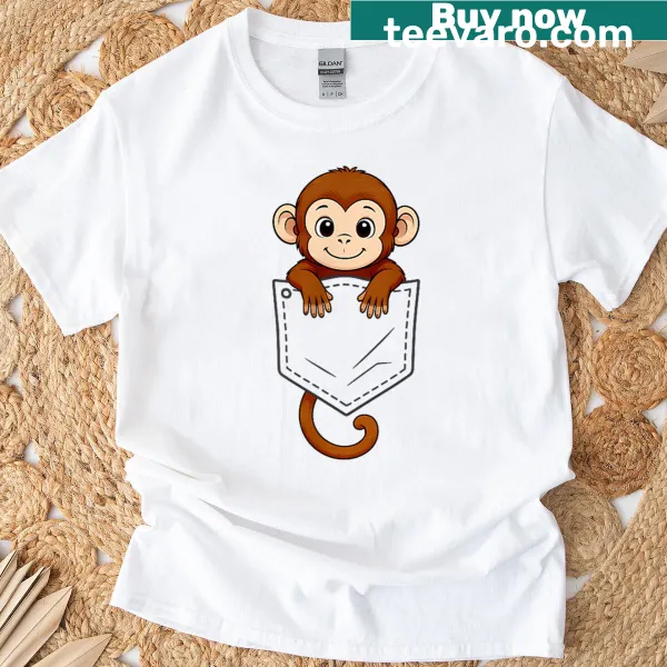 Funny T-shirt featuring a cartoon monkey peeking out of a pocket