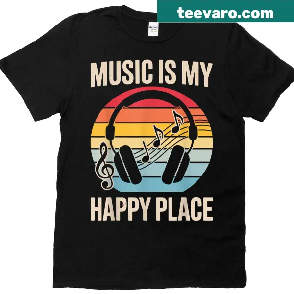 Whimsical music design t-shirt with musical notes and instruments