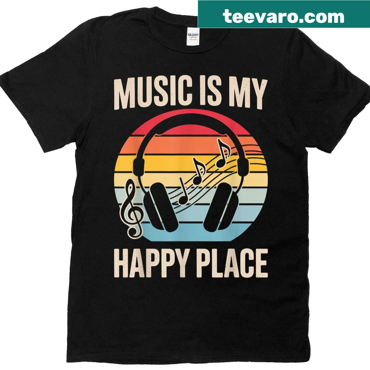 Whimsical music design t-shirt with musical notes and instruments — on a men's t-shirt