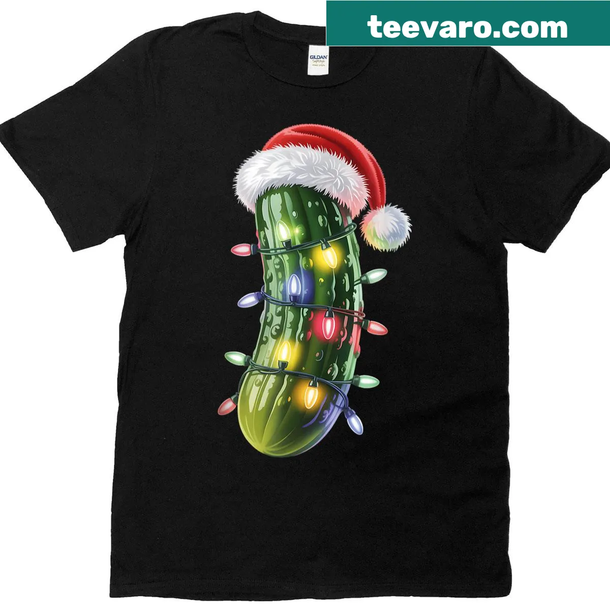Playful pickle in a Santa hat with Christmas lights on a t-shirt — on a men's t-shirt