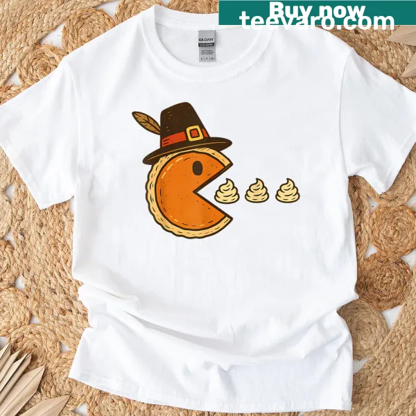 Funny Thanksgiving T-shirt with a pumpkin pie chasing whipped cream
