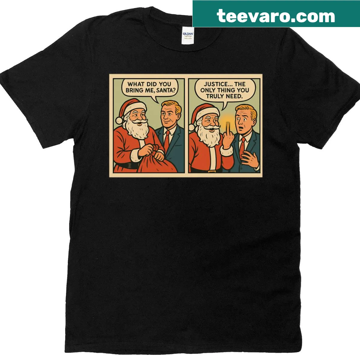 Retro Santa graphic t-shirt featuring humorous meme style — on a men's t-shirt