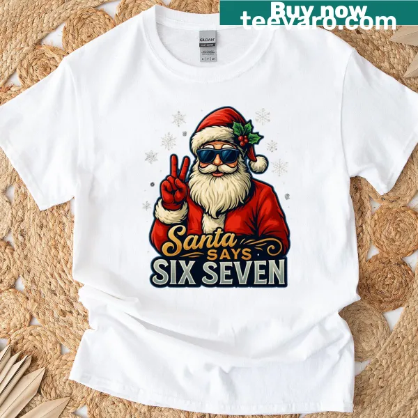 Santa Says Six Seven meme graphic on a Christmas t-shirt for kids