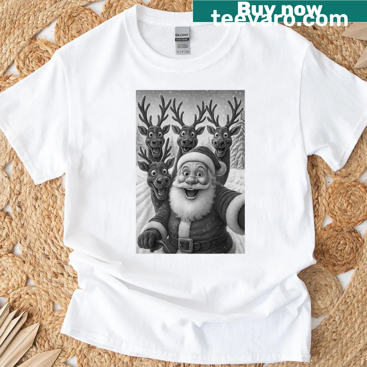 Whimsical T-shirt featuring Santa selfie with reindeer design — on a men's t-shirt