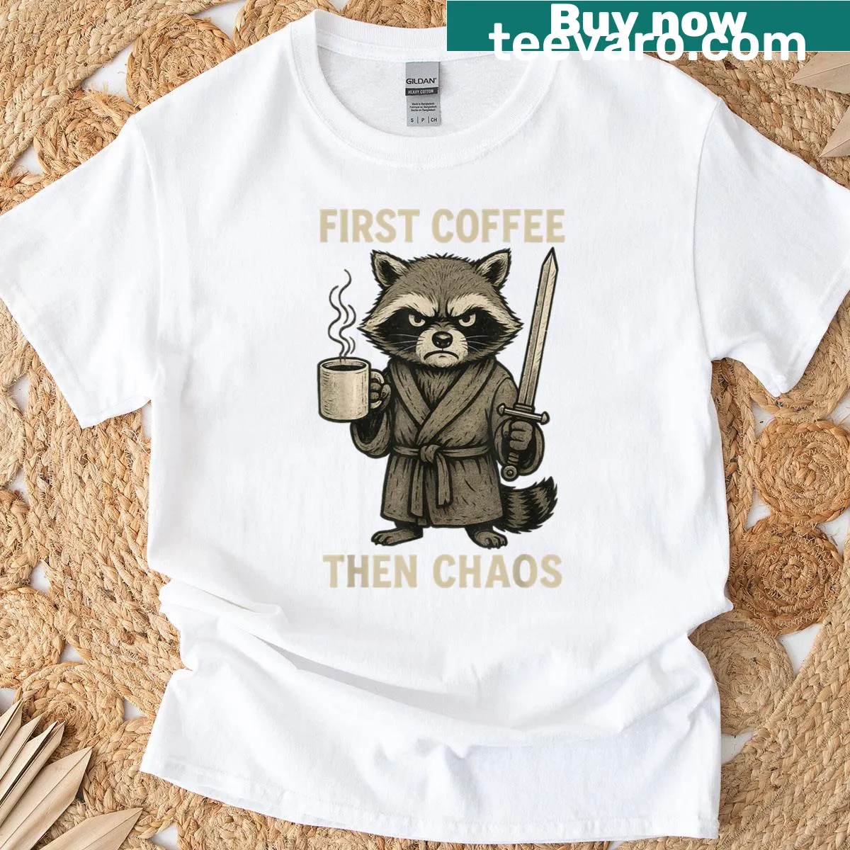 Graphic tee with humorous text about coffee and chaos — on a men's t-shirt
