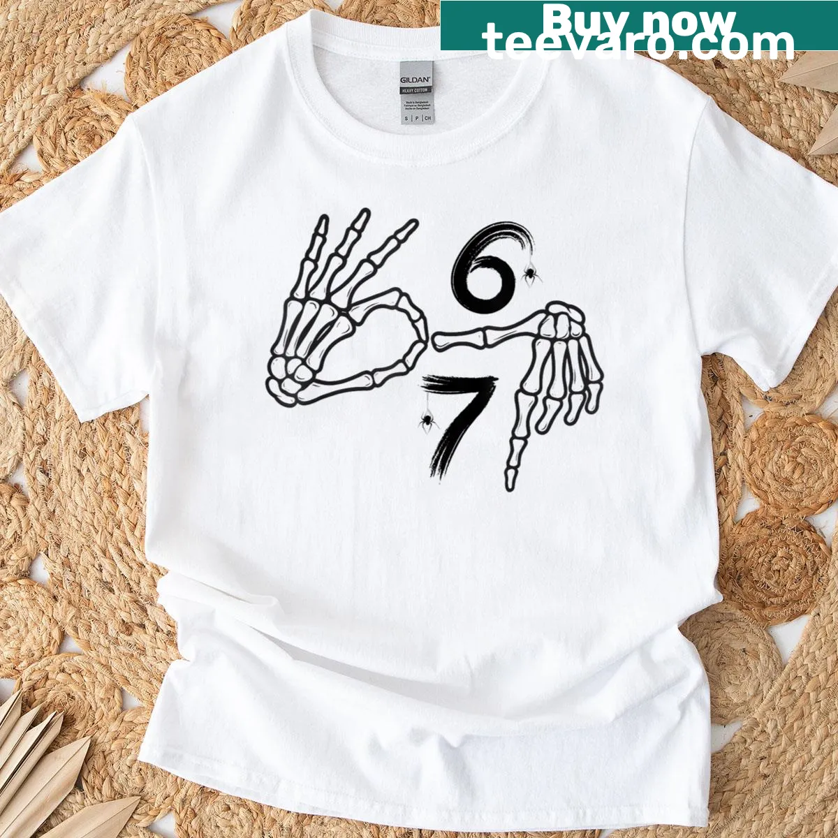 Skeleton hand showing six and seven for Halloween — on a men's t-shirt