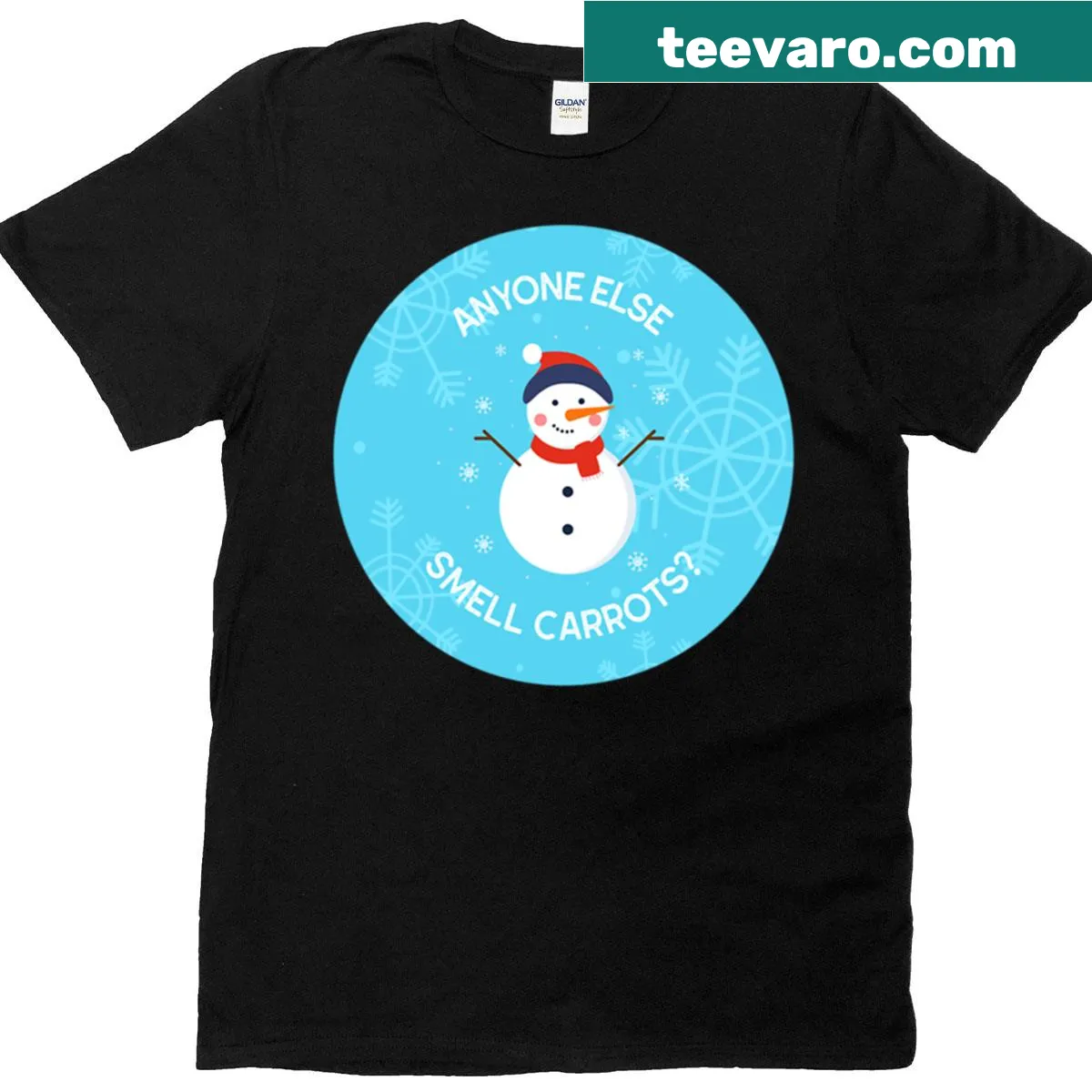 Cartoon snowman asking about carrot smells on an oversized t-shirt — on a men's t-shirt