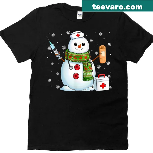 Cartoon snowman dressed as a nurse on a Christmas t-shirt