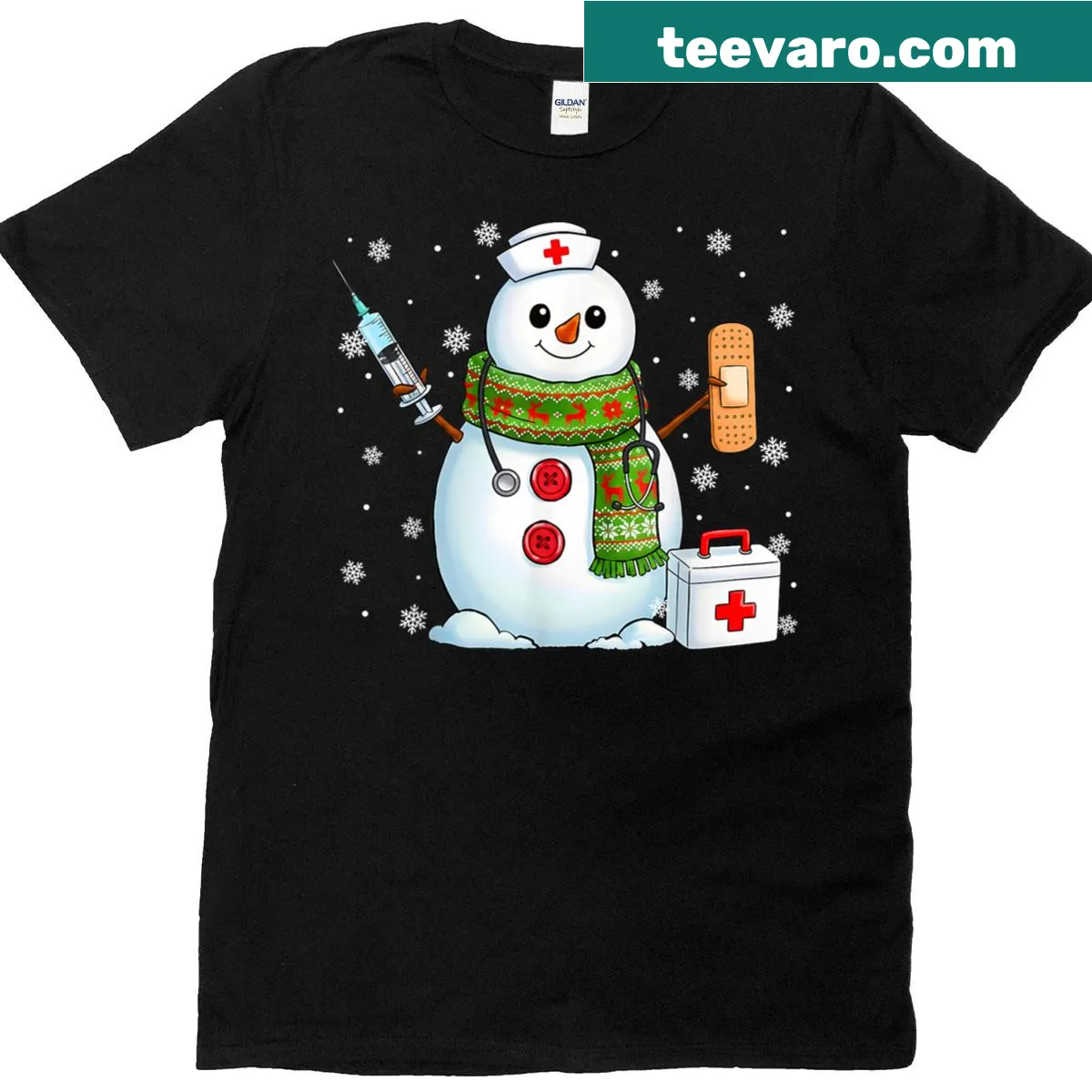 Cartoon snowman dressed as a nurse on a Christmas t-shirt — on a men's t-shirt