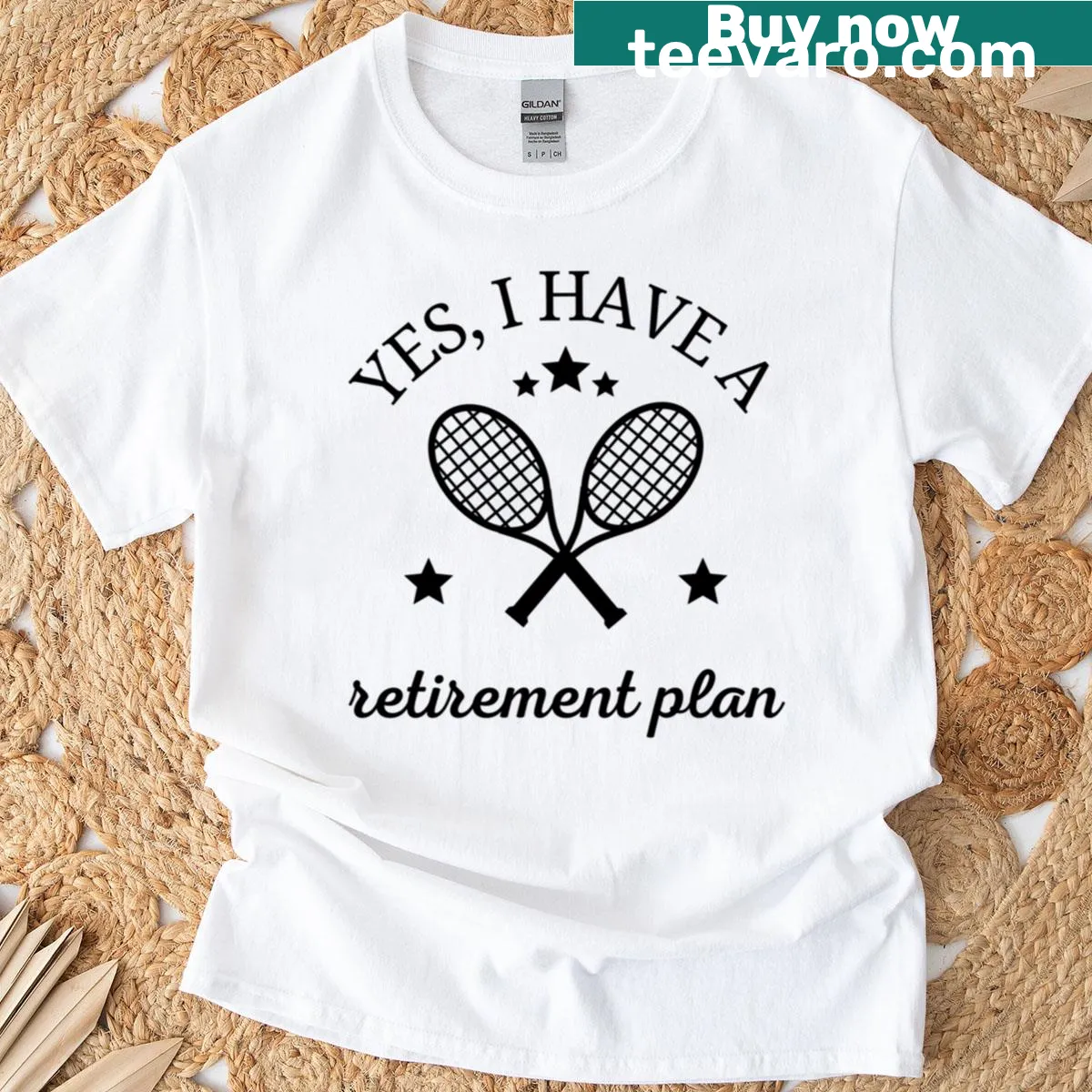 Illustration of a tennis player with a humorous retirement theme — on a men's t-shirt