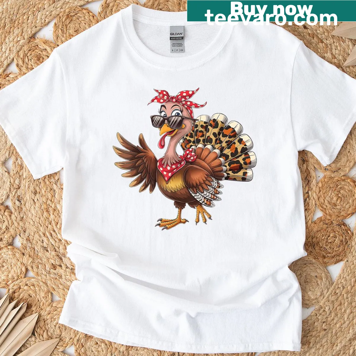 Cartoon turkey with leopard print on a Thanksgiving-themed T-shirt — on a men's t-shirt