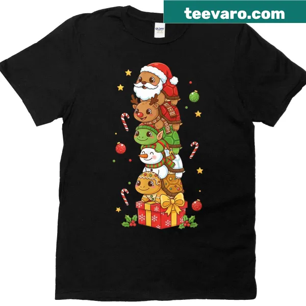 Cartoon turtle, Santa, and snowman on a Christmas t-shirt