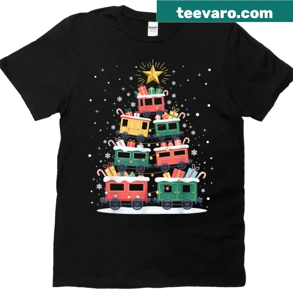 Whimsical Christmas T-shirt with train and ornaments design