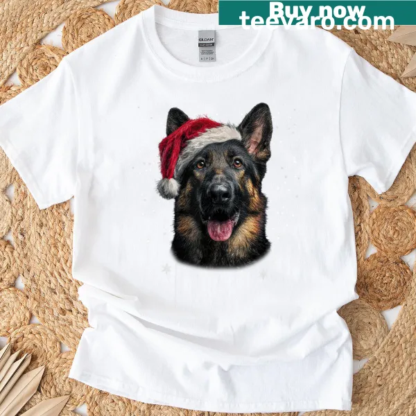 Funny T-shirt featuring a German Shepherd in a Santa hat for Christmas.