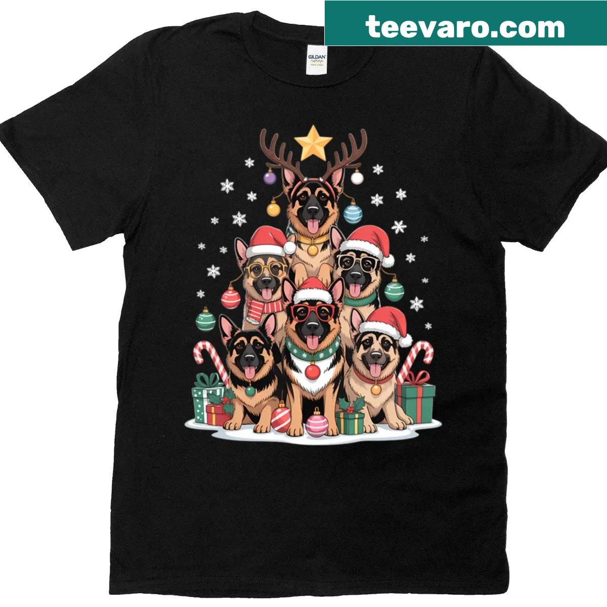 Christmas German Shepherd wearing lights and Santa hat — on a men's t-shirt