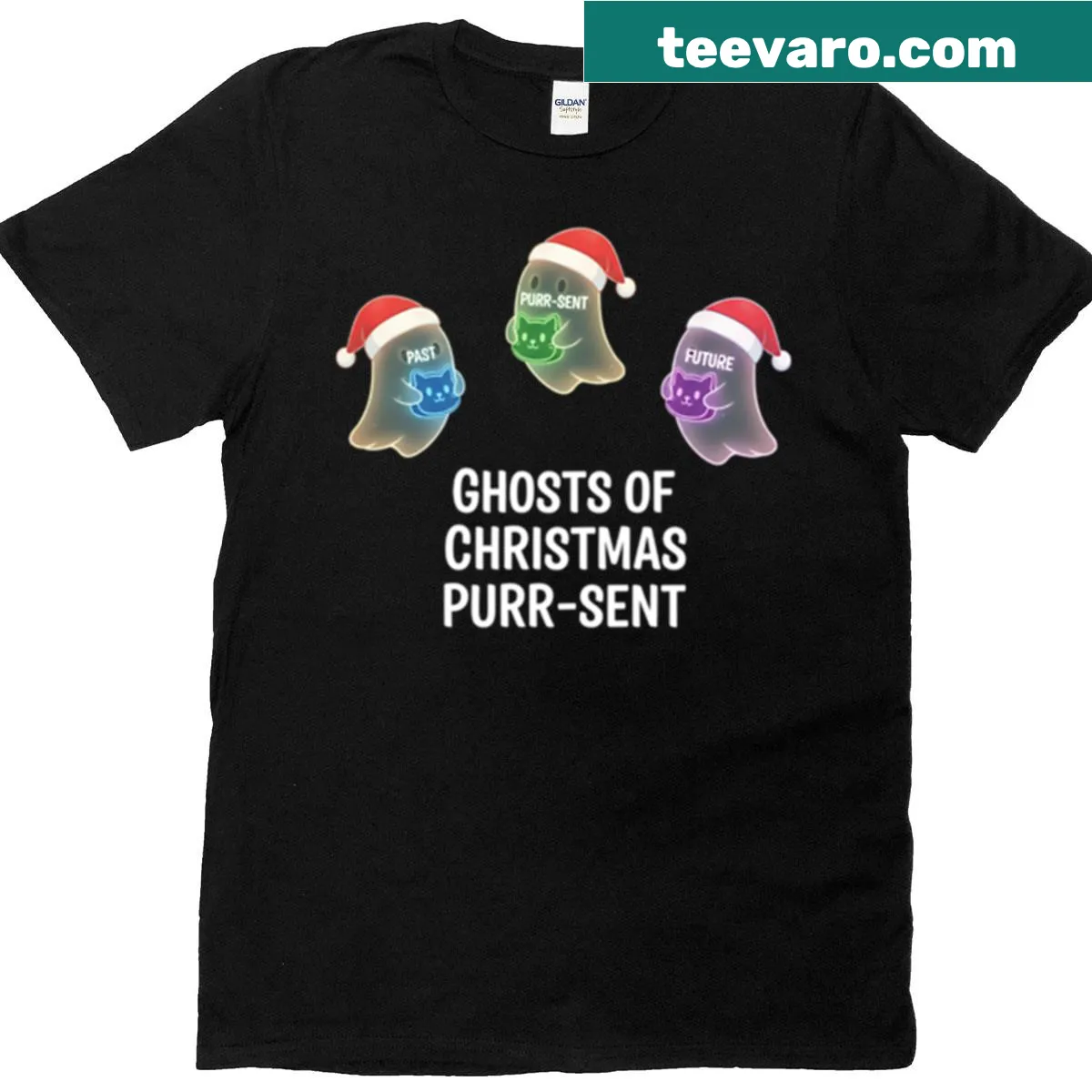 Cats in ghost costumes delivering presents graphic t-shirt — on a men's t-shirt