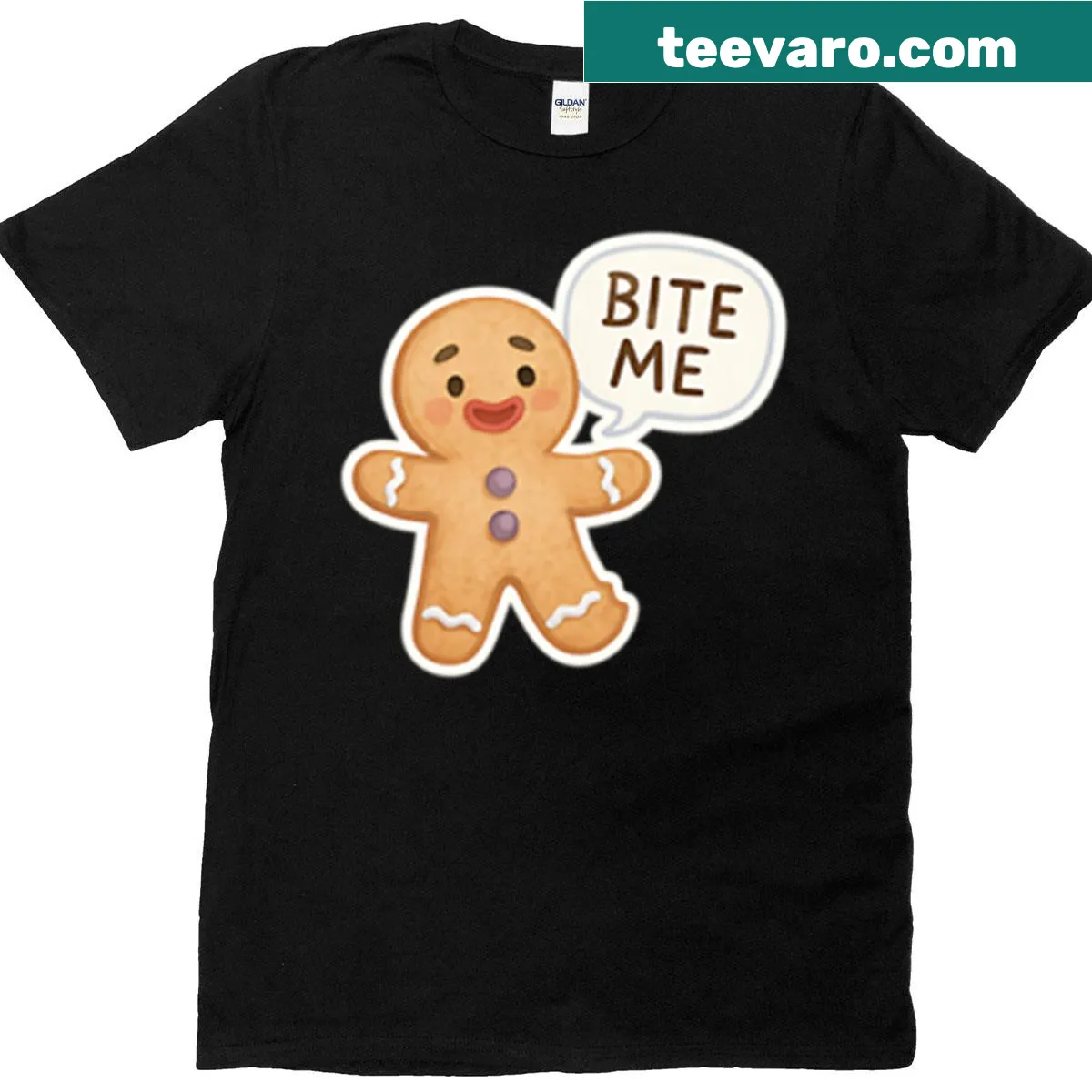 Cartoon Gingerbread Man T-shirt with humorous 'Bite Me' text — on a men's t-shirt