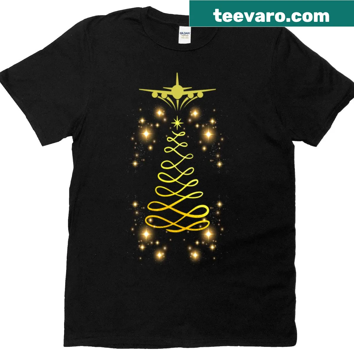Gold t-shirt featuring Merry Christmas design for aviation fans — on a men's t-shirt