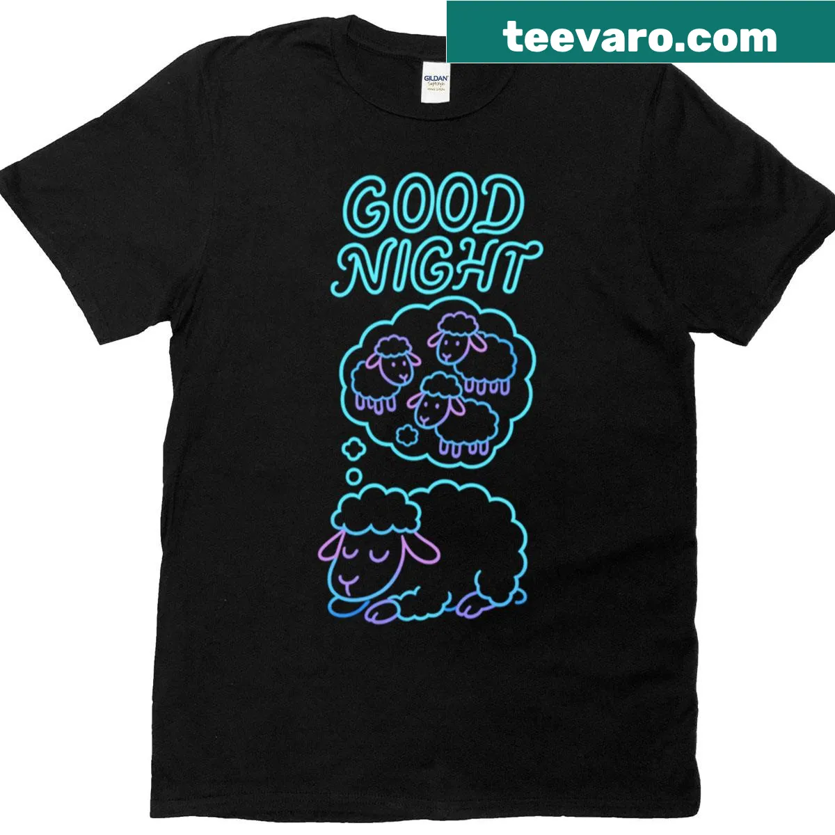 Cartoon design of a dreamy neon sheep for bedtime vibes — on a men's t-shirt