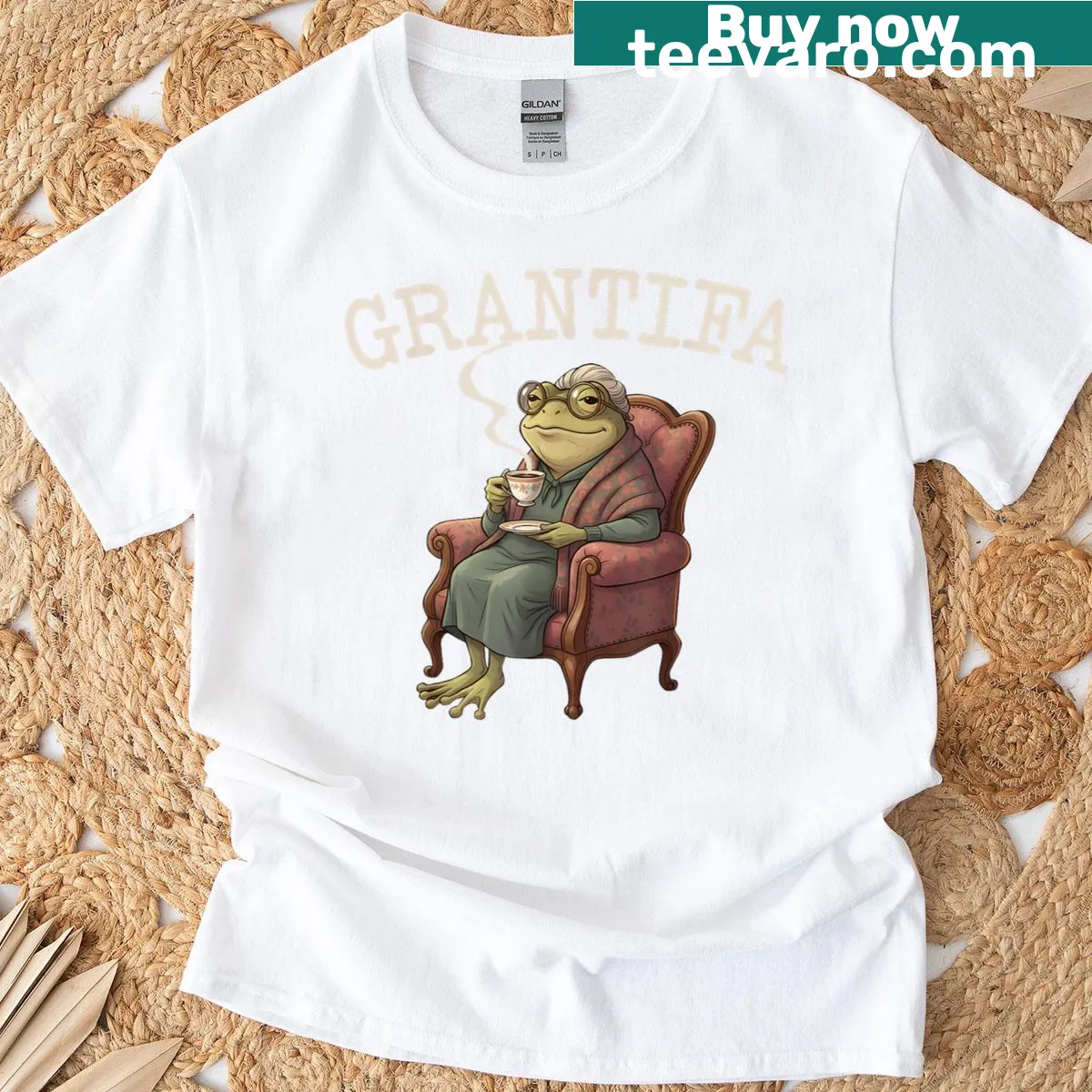 Cartoon frog graphic t-shirt with humorous design — on a men's t-shirt