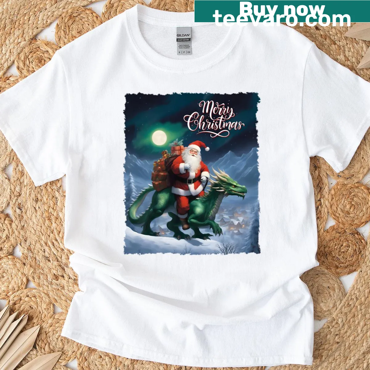 Playful green dragon design on a Christmas T-shirt — on a men's t-shirt