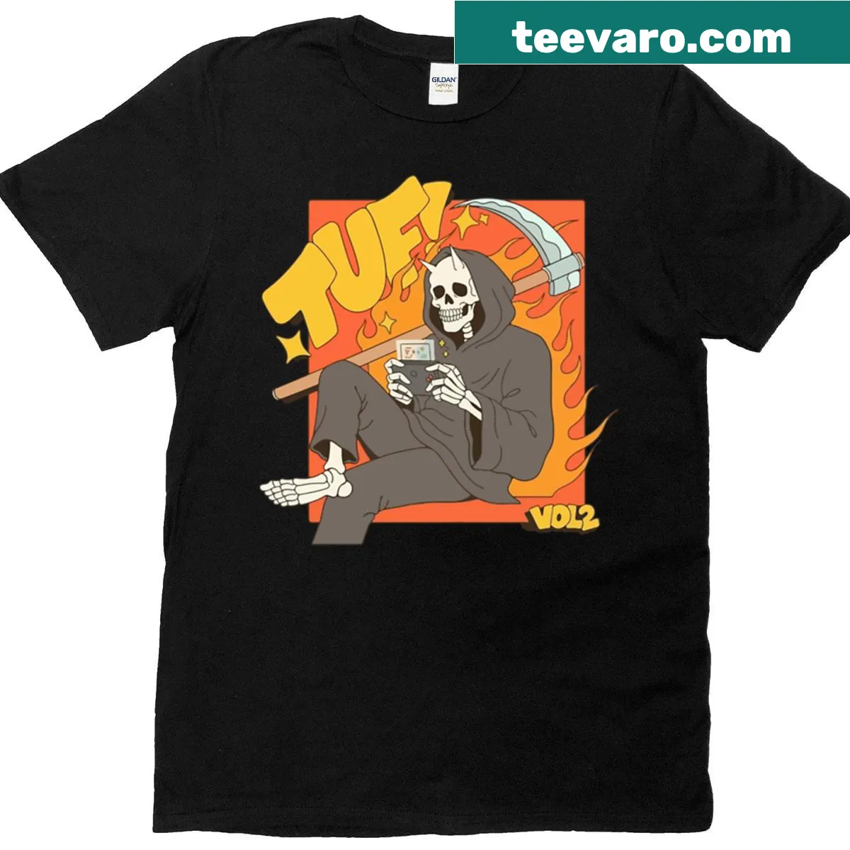 Oversized tee with Grim Reaper skeleton and retro console graphic — on a men's t-shirt