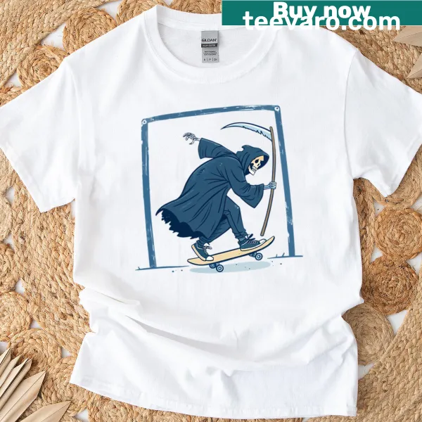 Grim Reaper graphic on skateboard illustration on oversized t-shirt