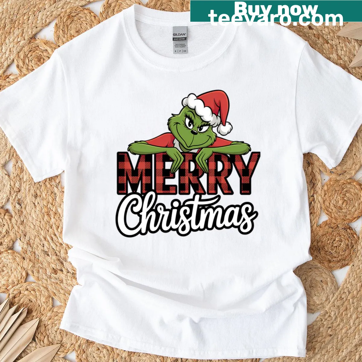 Whimsical Grinch graphic on Christmas T-shirt — on a men's t-shirt